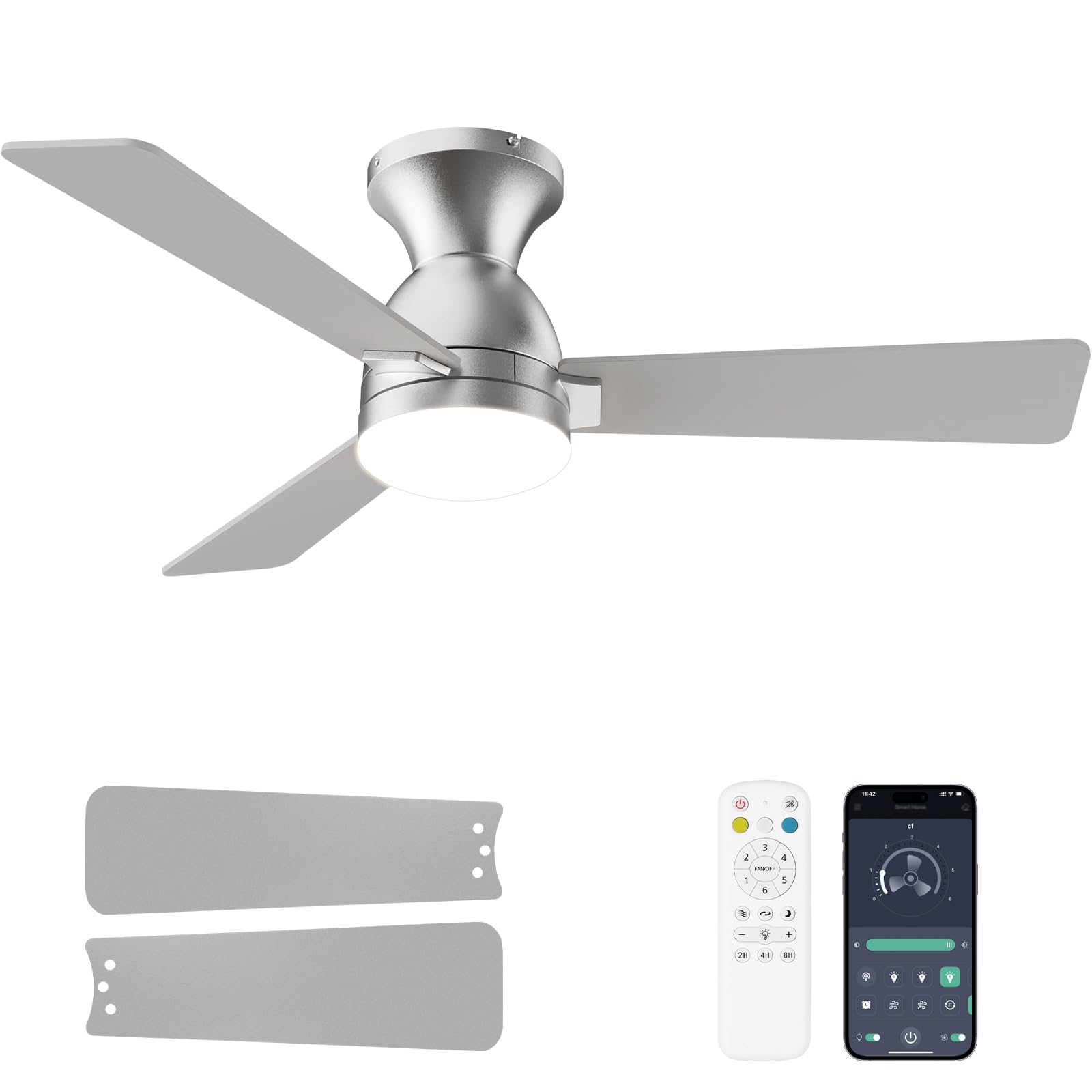 Photo 1 of **PARTS ONLY** Dolavast 42 Inch Ceiling Fan with Light and Remote, Low Profile, Reversible, 3CCT Dimmable LED, Flush Mount, Quiet, DC Motor, Nickel for Bedroom, Kitchen, Dining Room