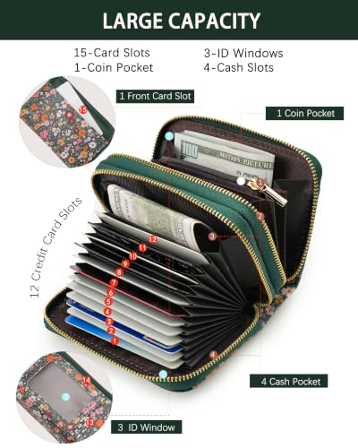 Image of Green Floral Credit Card Holder for Women,Accordion Wallet | RFID Blocking Card Wallet, Vegan Leather with Wristlet, dual independent zipper compartments,17 Card Slots