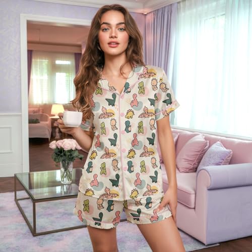 Image of HUNTFAMI Womens Soft Silky Satin Pajamas Set, 2 Pcs Sleep Short Pajamas for Mom and Grandma Button Down Summer Loungewear