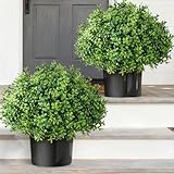 Set of 2 Artificial Boxwood Topiary Ball Trees - UV Resistant Faux Boxwood Potted Plants, Spring Summer Greenery Fake Bushes for Front Door Farmhouse Garden Porch Outdoor Decor