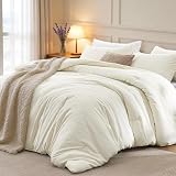Love's cabin Queen Comforter Set Beige, 3-Piece 90% Polyester 10% Linen Blend Bedding Set, Linen-Look Textured Stripe, Down Alternative All-Season Comforter with Pillow Shams