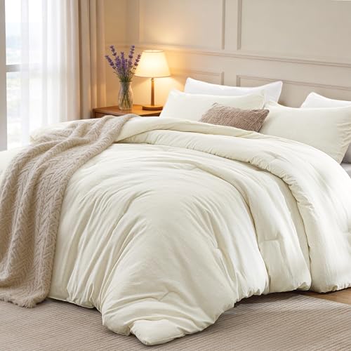 Loves cabin Twin/Twin XL Comforter Set Beige 2-Piece 90% Polyester 10% Linen Blend Bedding Set Linen-Look Textured Stripe Down Alternative All-Season Comforter with Pillow Sham