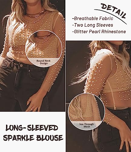 Women's Sheer Mesh Pearl Crop Top Shiny Rhinestone Long Sleeve Cover Up Blouses4