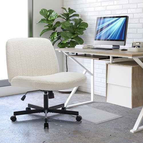 COLAMY Armless Office Chair, Wide Fabric Seat, Cross-Leg Design, 115° Recline, 360° Swivel with Wheels, Ergonomic Home Office Chair for Work, Gaming & Makeup（Creamy White）