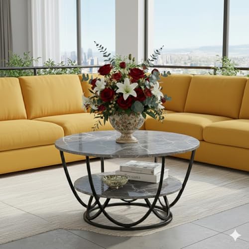 Image of Shoppee Coffee Table - Modern 2-Tier with Faux Marble Top and Gold Metal Frame - Stylish Center Table for Living Room, Sofa Table, Elegant Cocktail Table for Home, Office, Black & Grey