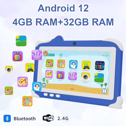 Image of HOTTABLET Kids Tablet, 7 inch Android 12 Tablet for Kids, 4GB RAM 32GB ROM Tablet with Case, 1.6Ghz Quad-core Processor 3000mAh Battery, FHD Display, 5MP Camera,Parental Control, Blue