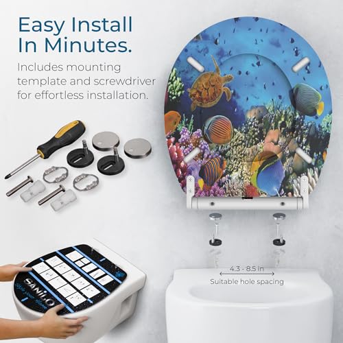 Image of Sanilo Wooden Toilet Seat with Quick Release & Soft Close [ROUND] - Decorative & Slow Close Molded Wood Seat - With One Click for Easy Installation & Cleaning - With Adjustable Fit (Ocean)