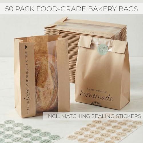Beautiful Bread Bags for Homemade Bread - Clear Window Bags Keep Your Sourdough Loaves Fresh for Days & are Great for Gifting Homemade Bread - Perfectly Sized Bakery Paper Packaging for Baked Goods