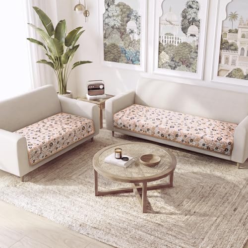 Image of HOKIPO 'Homehues Series' Printed Quilted Sofa Cover 3 Seater and 2 Seater Set - 5 Seater Sofa Cover Mat, Light Peach Candytuft (IN-807 + IN-809 - D6)