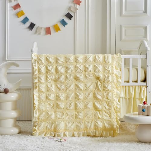 Image of Ruffled Mini Crib Bedding Set Baby Boho Quilted Comforter with Fitted Sheet and Bed Skirt - Cute Soft Breathable Seersucker Shabby Bedding Soft Blanket Only for Mini Crib - Yellow