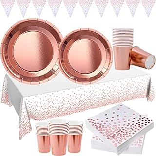 Duocute Rose Gold Party Supplies 99 Pieces Rose Golden Party Tableware Paper Plates, Napkins, 9oz Cups, Tablecloth, Banner, for Bachelorette, Birthday, Anniversary, Baby Shower, Wedding (24 Guests)