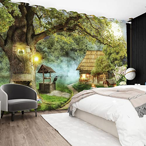 SDOTPMT 117x183cm Magic Tree Window Curtains Wooden House Foggy Forest Lantern Fairytale Window Drape Farm Natural Scenery Window Treatment for Kids Living Room Bedroom Blackout Curtain - Image 2