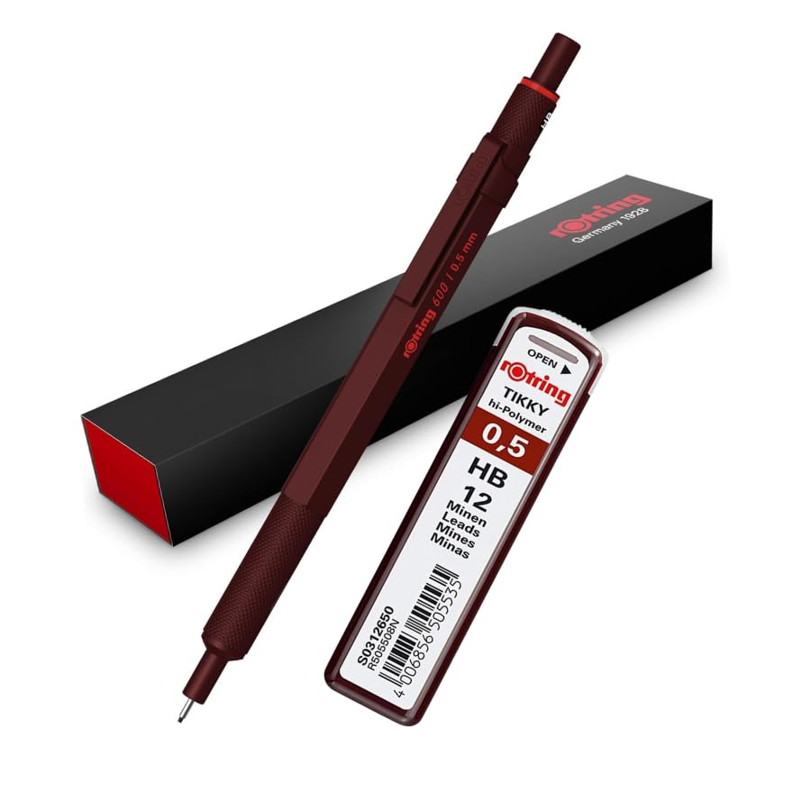 rOtring 600 Mechanical Pencil | HB Lead, 0.5 mm | All-Metal Body Propelling Pencil | Chocolate Truffle | Set with extra 0,5mm Lead Refills