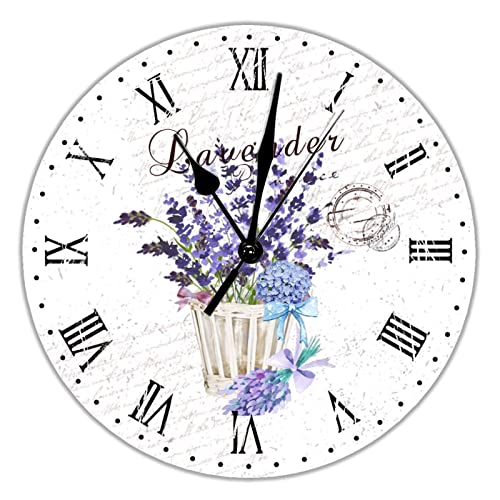 Reloj de pared redondo con flores de lavanda francesa, de PVC, funciona con pilas, cuarzo silencioso, 30,5 cm, vintage, rústico, decorativo, para cafetería, hogar, sala de estar, dormitorio, baño