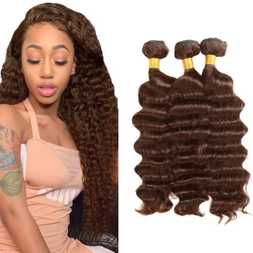 Cheveux humains deep wave marron chocolat numéro 4 en lot de 3 extensions brésiliennes de 34 pouces