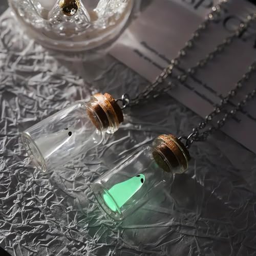 The Adopt a Ghost Necklace Cute Glow in The Dark Mini Glass Vial Bottle Jar Light Halloween Ghost Charms Decor Goth Necklaces Jewelry Weird Earrings Locket Pendant Spooky Decorations (Necklace-Green)3