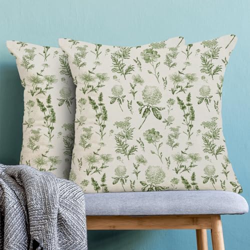 Image of AEIOAE Sage Green Spring Pillow Covers 16x16 Inch Set of 2, Wild Flower Leaves Plant Throw Pillows Case,Seasonal Floral Outdoor Decorative Farmhouse Decor Cushion Covers for Home Sofa Bed Couch