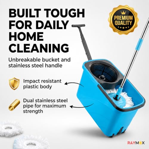 Image of RAYMOX Spin Mop for Home Cleaning Floor with Bucket Set | 360 Magic Mop with Easy Wheels, Drain Outlet & Microfiber Head | Pocha Machine for Floor Cleaning - ( Plastic Wringer)