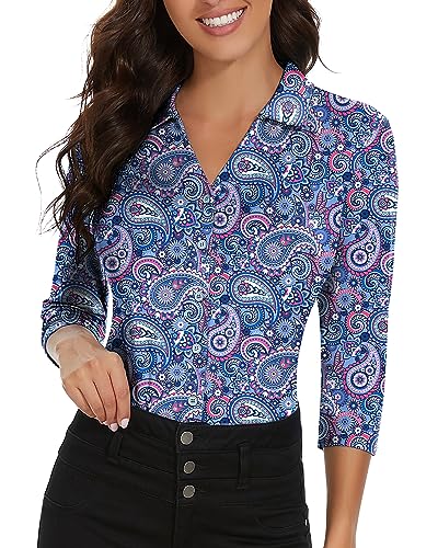 Soneven Poloshirt Damen Langarm 3/4 Arm Golf Polo Oberteil Bluse Damen Sommer Elegant Blusenshirt Damen mit V-Ausschnitt Business Hemdbluse Casual T-Shirt Retro Druck XL