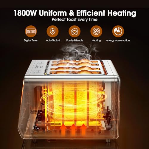 Digital Smart Toaster 4 Slice, Dual Touchscreen with Independent Control | Wide Slot for Bagel, Bread and More | 1800W, 6 Browning Levels, Defrost, Reheat, Single-Slice Function | Stainless Steel - Thumbnail 4