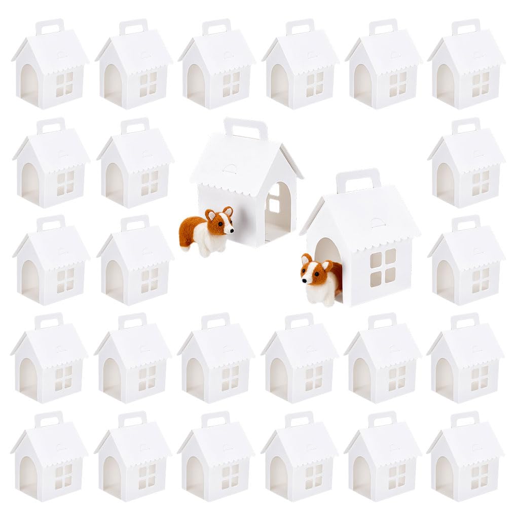 PH PandaHall 26pcs White Cardboard Dog House Party Favor Boxes 4x4.7x7 inch DIY Craftable Pet Adoption Theme Gift Boxes with Handle for Puppy Birthday Party Christmas Dog Crafting, Square Windows