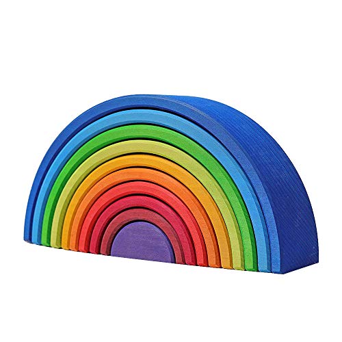belupai 10Pcs Wooden Rainbow Stacker Game Learning Toys Nesting Assembly Puzzle /Creative Colorful Building Blocks Set For Kids Baby Toddlers