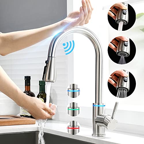 VIDEC Touch On Kitchen Faucet, 3 Modes Pull Down Sprayer, Smart Touch On Sensor Activated, LED Temperature Control, 360-Degree Rotation, 1 or 3 Hole Deck Plate. (KW-70SN, Touch on, Brushed Nickel) VIDEC Touch On Kitchen Faucet, 3 Modes Pull Down Sprayer, Smart Touch On Sensor Activated, LED Temperature Control, 360-Degree Rotation, 1 or 3 Hole Deck Plate. (KW-70SN, Touch on, Brushed Nickel)