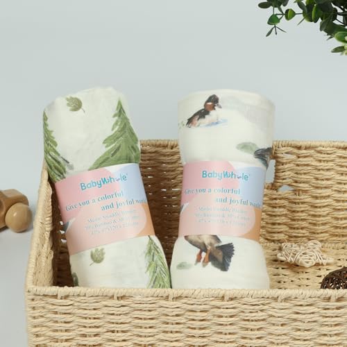 Image of Muslin Swaddle Blankets Neutral - Soft 47x47 Inch Baby Swaddle Wrap & Nursery Receiving Blanket, Mallard Duck /Woodland - Breathable 70% Bamboo Viscose & 30% Cotton