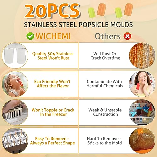 WICHEMI 20PCS Stainless Steel Ice Pop Mould Ice Lolly Popsicle Mould Frozen Popsicle Maker Commercial Lolly Moulds Ice Cream Stick Holder with Wooden Sticks, Plastic Bag and Cleaning Brush