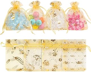 Homewit 100 Psc Organza Bags, Small Gift Bags Wedding Favour Bags Candy Mesh Bags Jewelry Pouches with Drawstring, Daisy/Feather/Crown/Butterfly Design, for Birthday, Party, Festival (7 x 9 cm Gold)