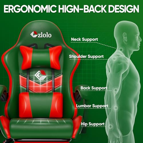 Image of Czlolo Gaming Chair, Lumbar Support Massage Computer Chair, High Back Gamer Chair, with Footrest and Headrest, Lumbar Pillow, Recline, Wide Seat, Gaming Chairs for Christmas /Birthday Gifts, Green
