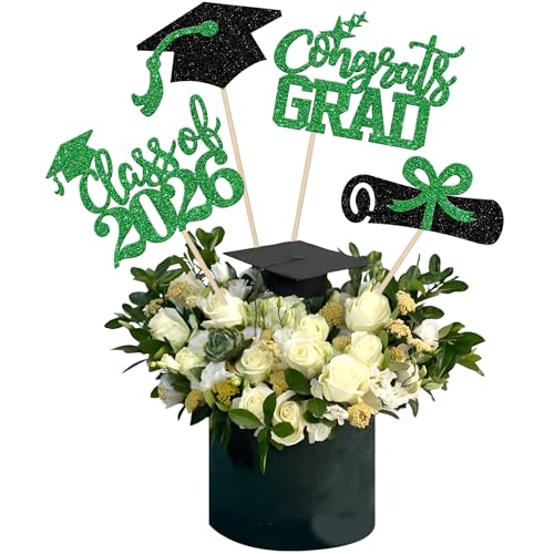 12 PCS 2026 Graduation Centerpiece Sticks Assembled Class of 2026 Cake Toppers Congrats Grad Diploma Graduation Cap Table Flower Centerpiece Sticks for 2026 Graduation Theme Party Supplies Green