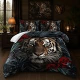 Nttopship Tiger Comforter Set Queen Size，Red Rose Flower Comforter Set for Kids,Wild Animal Printed Comforter Sets，Kids Room Decor with 1 Comforter with 2 Pillow Case