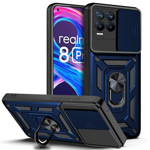 Image of AESTMO Tough Armor Realme 8 Pro / 8 4G Bumper Back Case Cover | Ring Holder & Sliding Camera Shield Cover | 360 Degree Protection Back Case Cover for Realme 8 Pro (Blue)