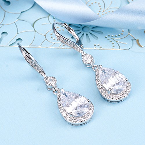 Elequeen Teardrop Lever-Back Dangle Earrings 925 Sterling Silver Full Cubic Zirconia Bridal Long Earrings For Women Girls, Valentine's Day/Mother's Day/Christmas Jewelry Gift For Girlfriend/Mom #TOP1