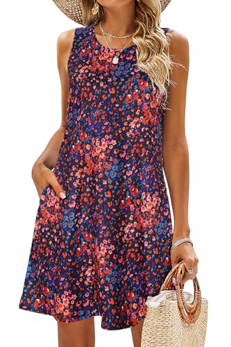 Image of SimpleFun Summer Dresses for Women Beach Floral Tshirt Sundress Casual Pockets Boho Tank Dress
