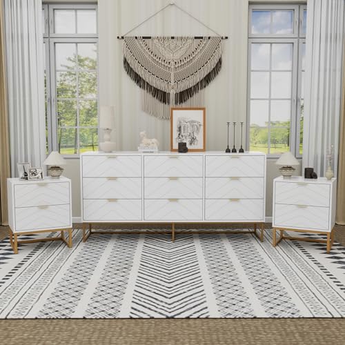 Scurrty 3-Piece Modern Dresser Set, 9-Drawer Dresser with 2-Tier Nightstands Set of 2, Bedroom Set with Storage, Contemporary Bedroom Furniture Collection (White)