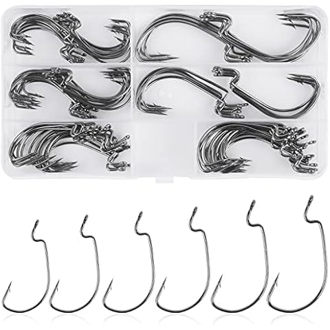 Angelhaken für Barsch, Wurmhaken, 50 Stück/100 Stück, 3 x starke Angelhaken, versetzte aus Karbonstahl, breite Lücke, Barschhaken, weiche Wurmköder, Jighaken Forelle Cover