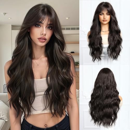 QAUARUMSUN Long Curly Brown Wig with Bangs for Women 26" Long Body Wave Wig for Women Dark Brown Curly Hair Brunette Heat Resistant Fiber(2/33 Brown)