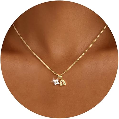 M MOOHAM Gifts for Kids Teens Girls - 14K Gold Plated Letter A-Z Clover Initial Necklaces for Women Trendy Zirconia Pendant Choker Necklace, Personalized Jewelry Anniversary Birthday Gift