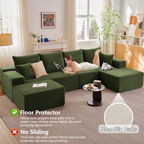 Image of 135.4 inchModular Sectional Sofa, Boneless Couch U-Shaped Sofa for Living Room | Cloud Couch Sectional with Ottoman, 4 Seater Deep Seat Memory Foam Compressed Sofa, No Assembly, Right-Facing Chaise, Green