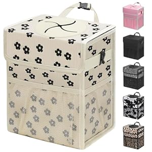 Capolo Bote de basura para automóvil con tapa, a prueba de fugas, impermeable, con bolsillos de almacenamiento, mini cubo de basura para el asiento trasero y delantero (flor negra de pana, 2.5 galones