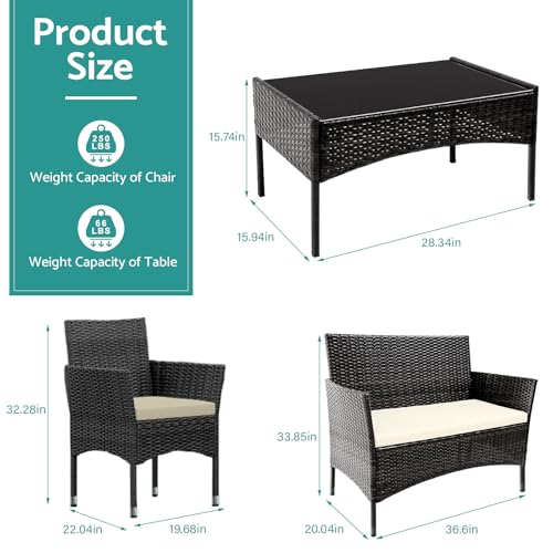 Image of Patio Furniture Set, 4 Piece Sectional Conversation Sofa, Outdoor Wicker Rattan Table and Chairs with Thick Cushion for Garden, Yard, or Porch