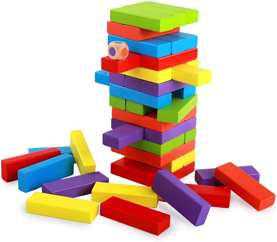 Colour Wooden Blocks Timber Tower Tumbling Game for Kids and Adults,Game Traditional Blocks Truth Everyone 48 Wooden Blocks with 4 Dices Game