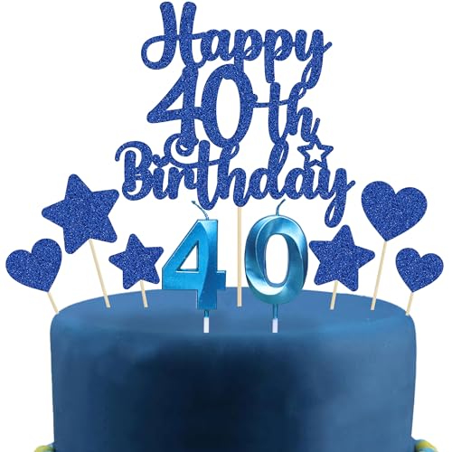 Gyufise 15Pcs Happy 40th Birthday Cake Topper Set with Heart Star Glitter Cheers to 40 Years Cake Picks Number 40 Candles Cake Decorations for Happy 40th Birthday Anniversary Party Supplies Blue