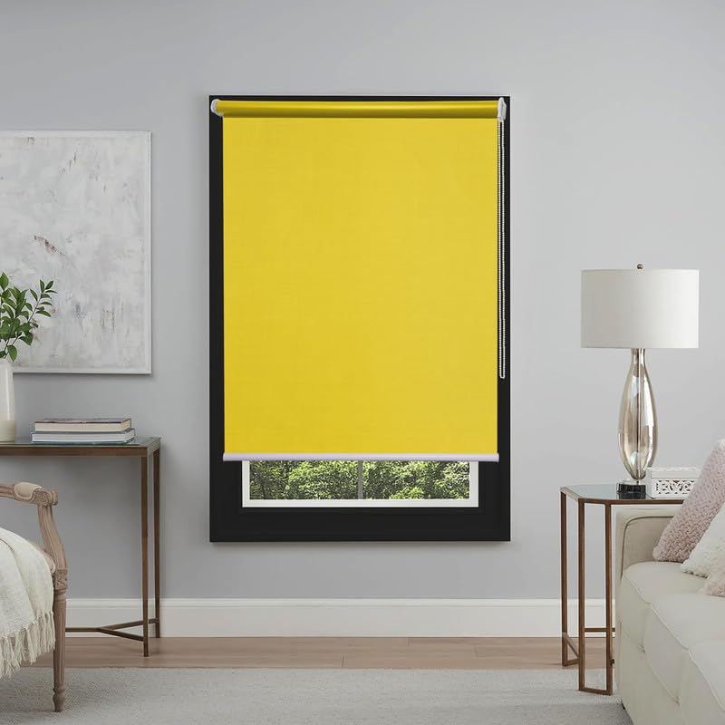 Image of Roller Blinds 300 GSM Polyester Fabric Waterproof & Sun Blockage Corded Roll Up and Down Blinds Curtains for Window, Door, Balcony (Yellow Color 2.5 X 11 Feet, Pack of 1 Piece)