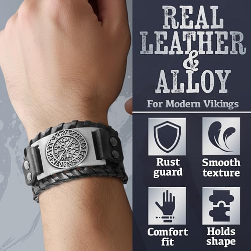 Pulsera Vikinga de Cuero para Hombre con Amuleto Vegvisir miniatura 3