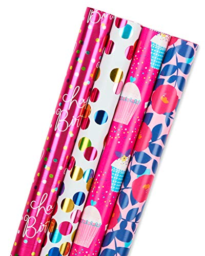 American Greetings Reversible Birthday Wrapping Paper, Floral, Cupcakes, And Polka Dots (4 Rolls, 120 Sq. Ft) #TOP5