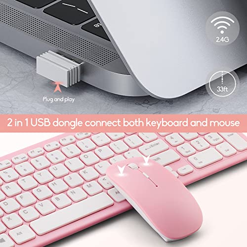 Wireless Keyboard And Mouse Combo, Compact Quiet Wireless Keyboard And Mouse Set 2.4G Ultra-Thin Sleek Design For Windows, Computer, Desktop, Pc, Notebook, Laptop (Pink) #TOP1