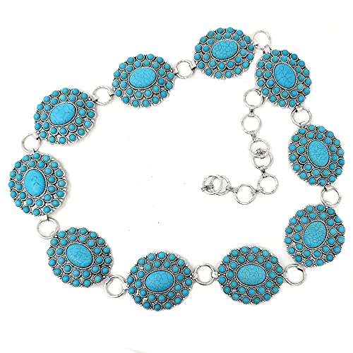 Western Concho Fashion Stone Chain Belt Western Flower Concho (Turquoise)